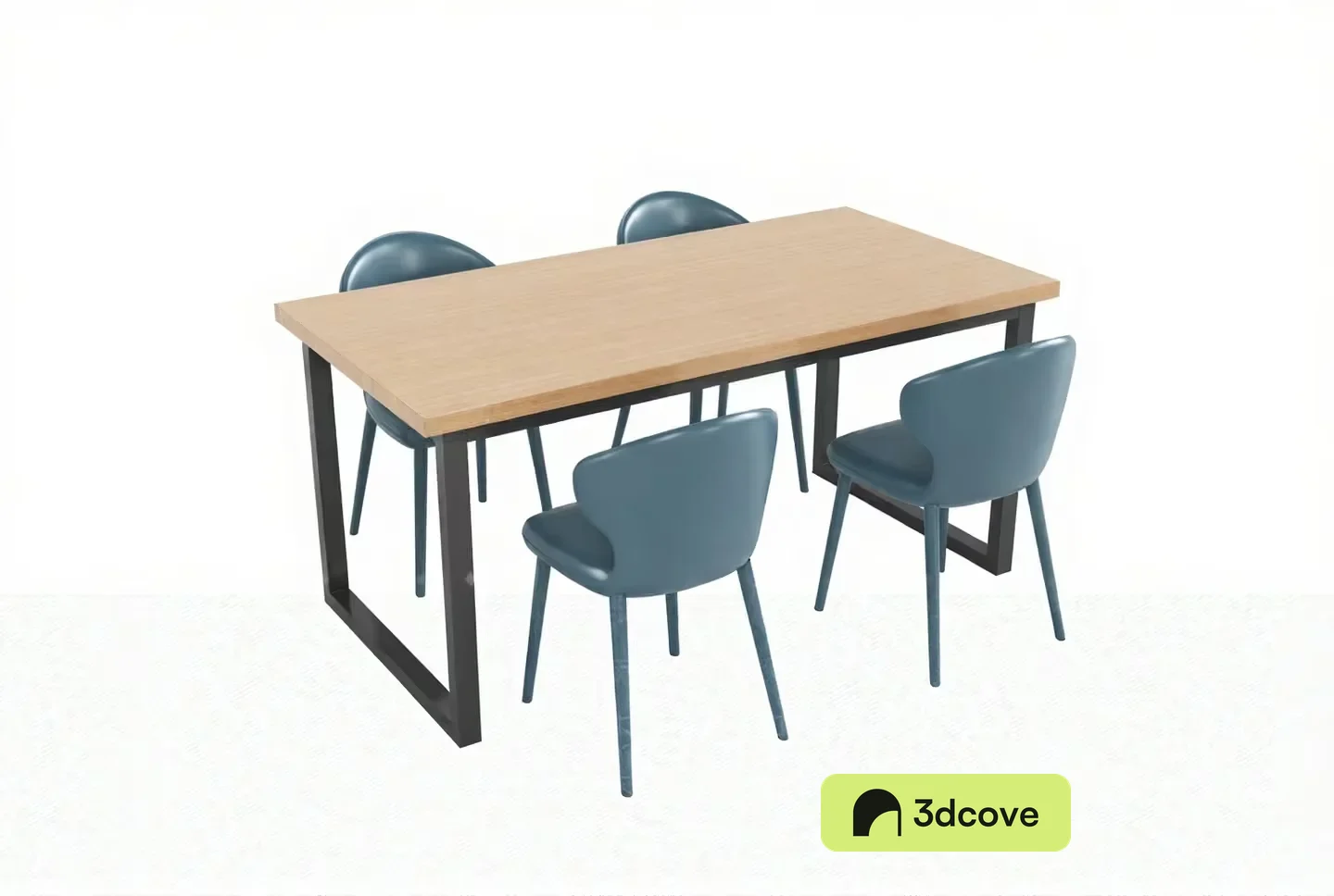 A Wooden Table With Four Blue Chairs