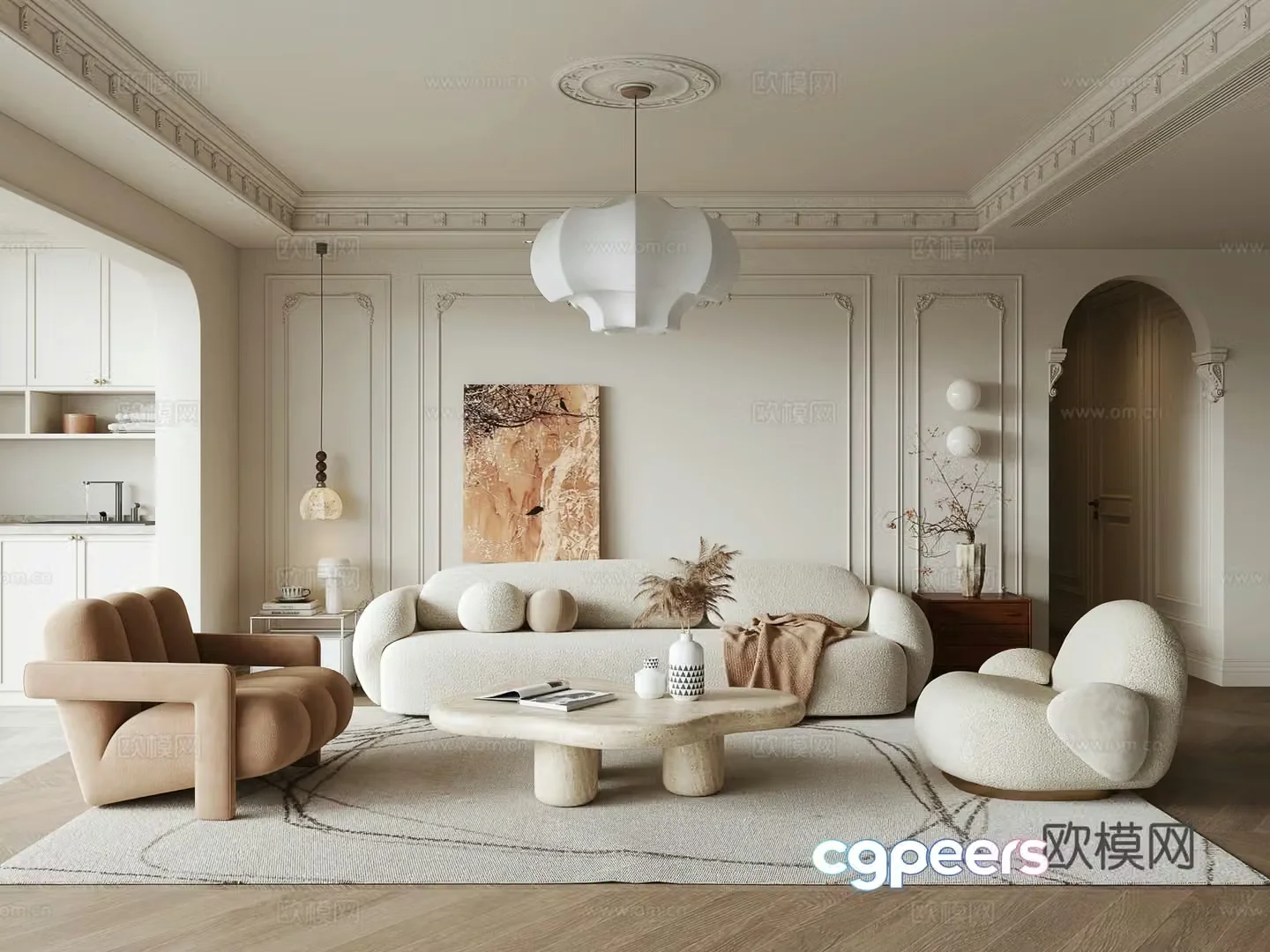 French Creamy Living Room 3D Model