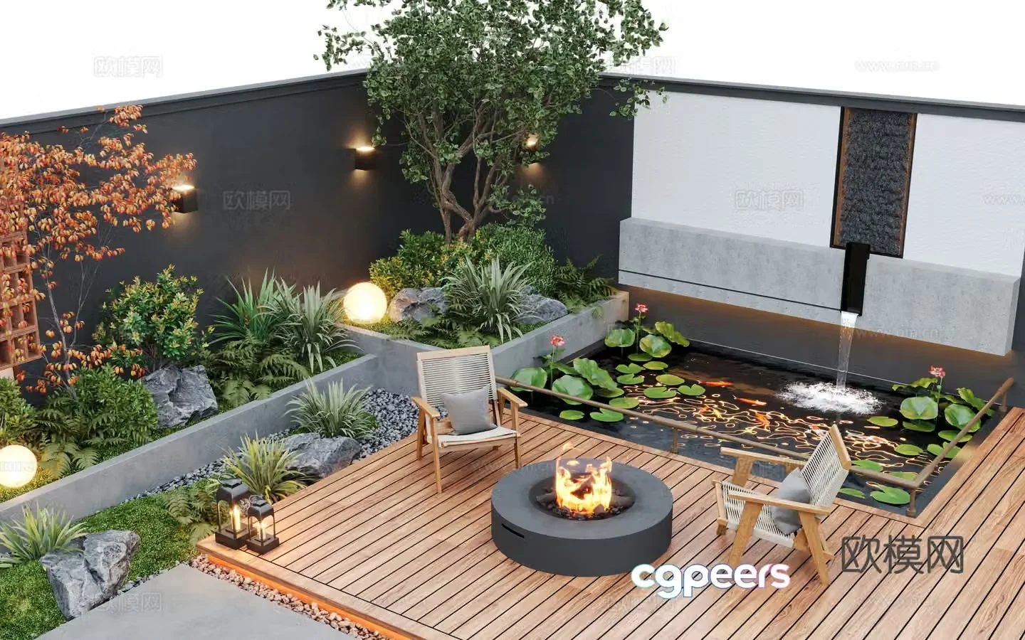 Modern courtyard landscape home yard garden waterscape stacked water fish pond 3d model