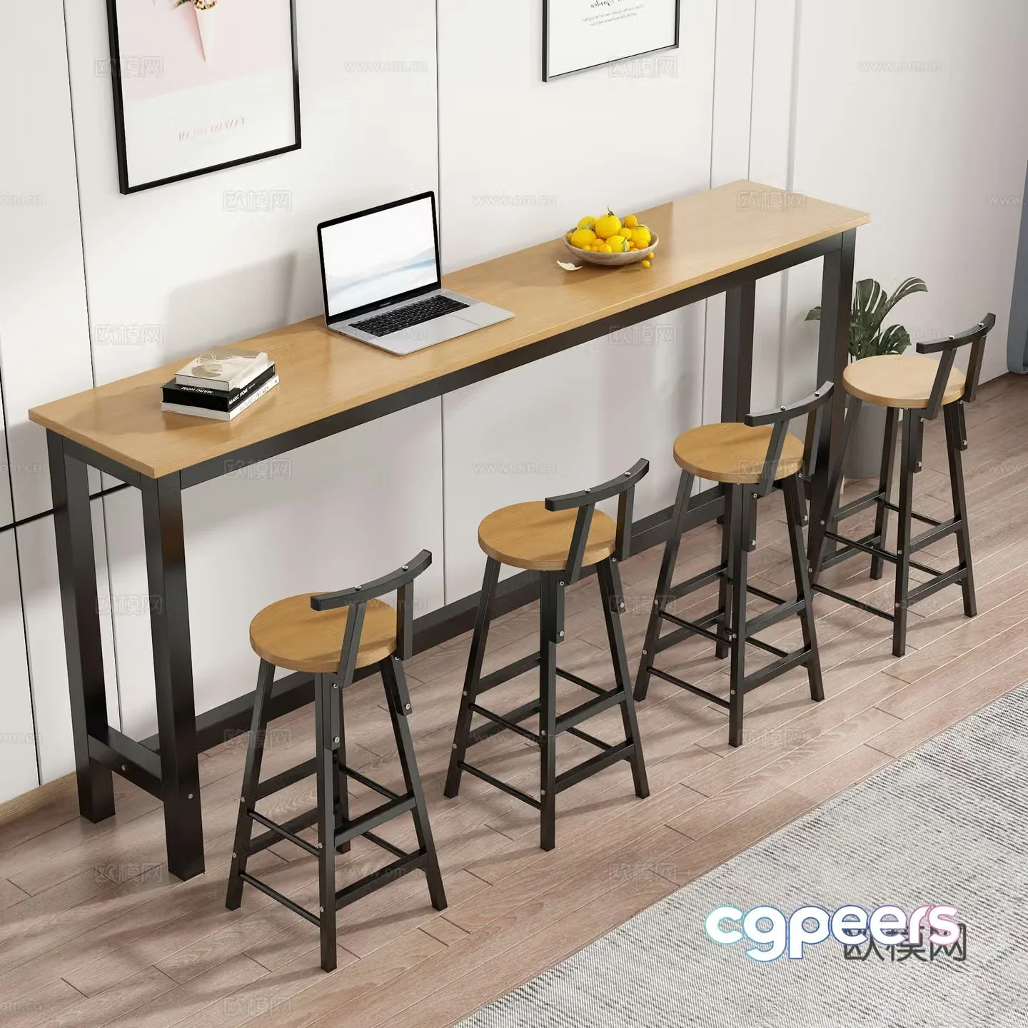 Bar table and chair laptop book fruit green plants 3d model