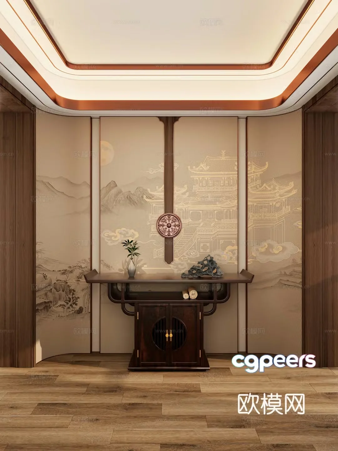 New Chinese style Zen embrace style wall cloth round top entrance view entrance 3D model
