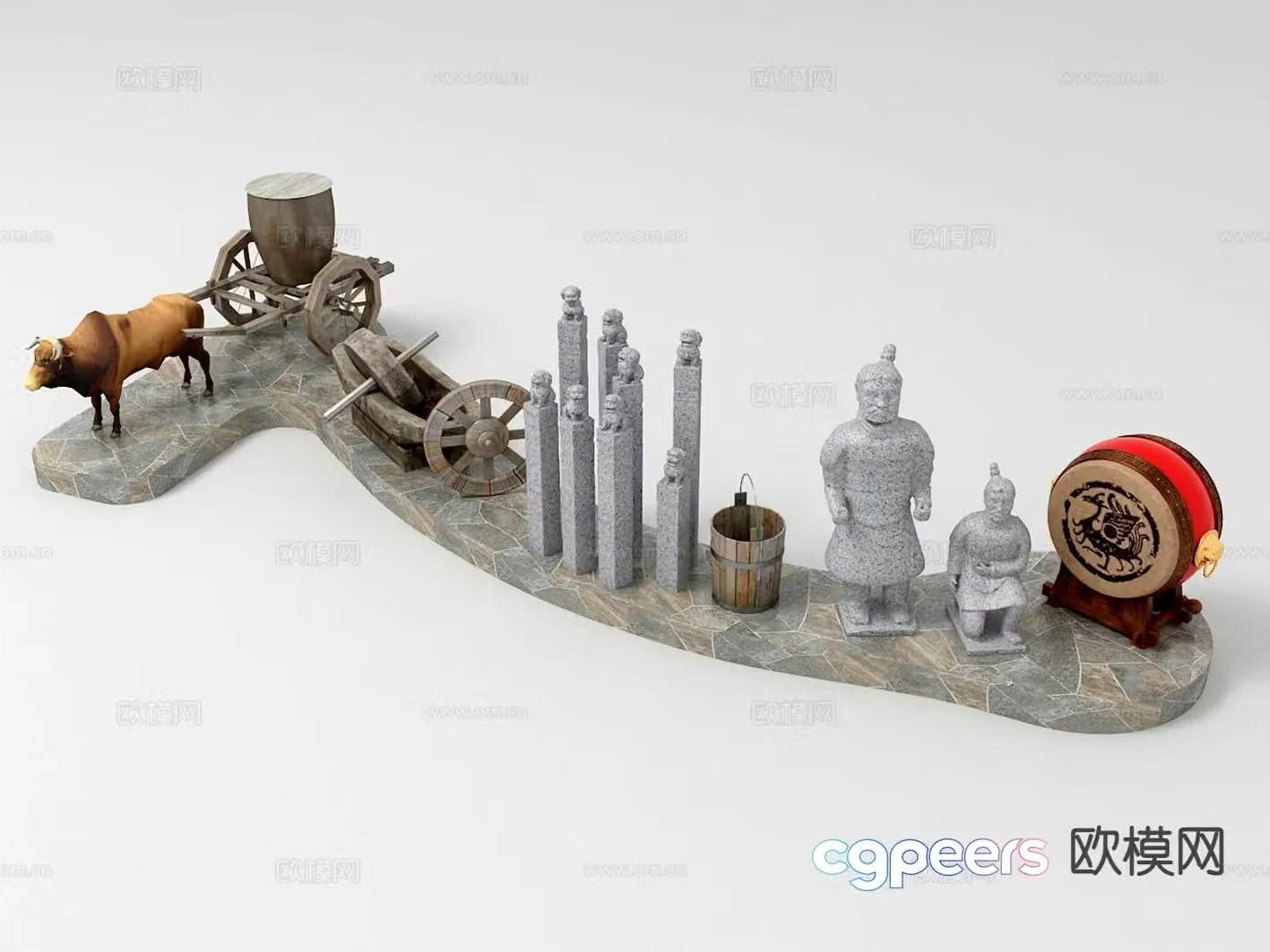 3D model of Chinese horse-tying stakes war drums ox-drawn carts and farm tools