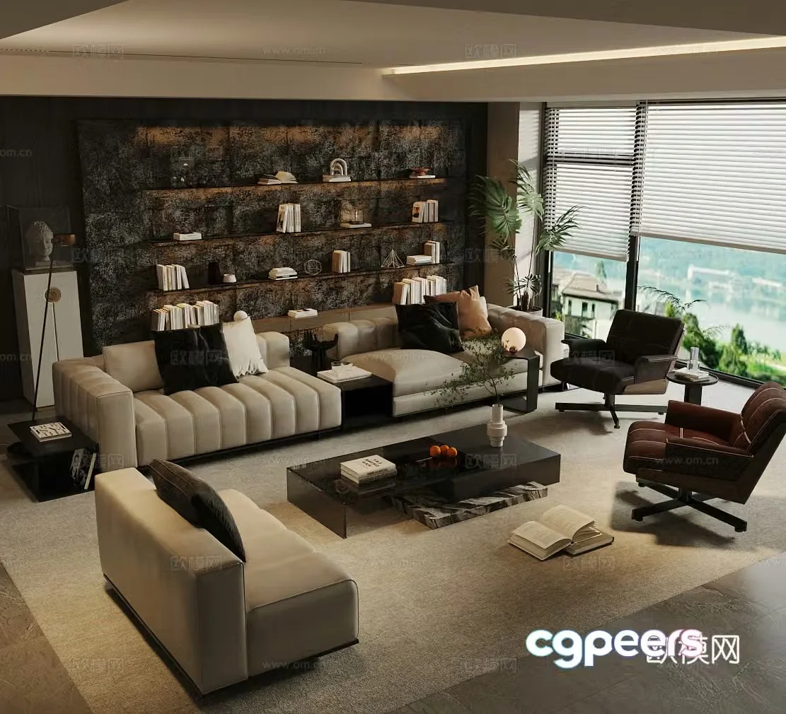 Modern Italian home living room high-end gray living room light luxury Italian living room black and white living room sofa chair 3D model