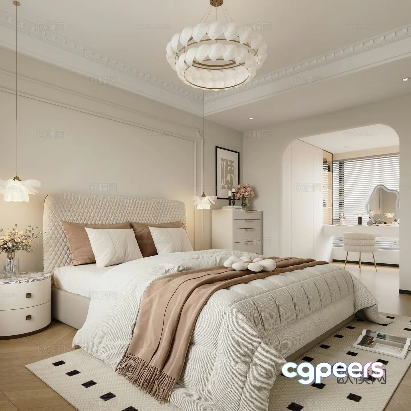 French home bedroom master bedroom bedroom dressing table French chest of drawers French chandeliers double bed 3d model