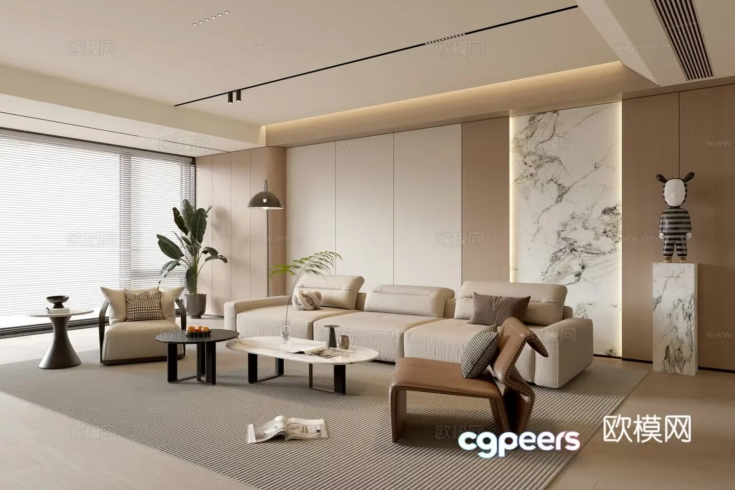 Modern cream simple living room balcony cabinet sofa combination coffee table sofa background wall 3d model