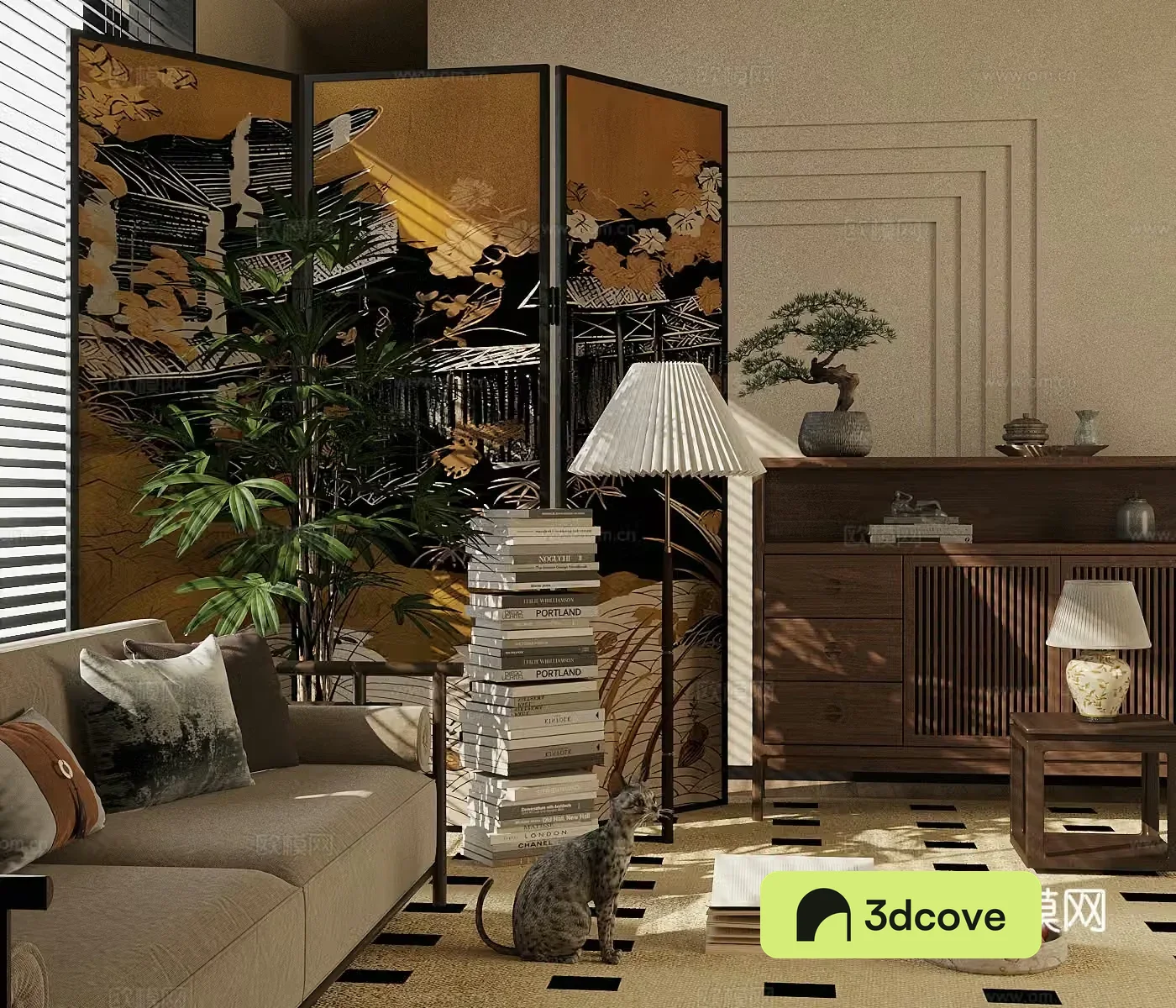 New Chinese style entrance cabinet New Chinese style entrance cabinet Screen Solid wood sofa Floor lamp Green plant ornament