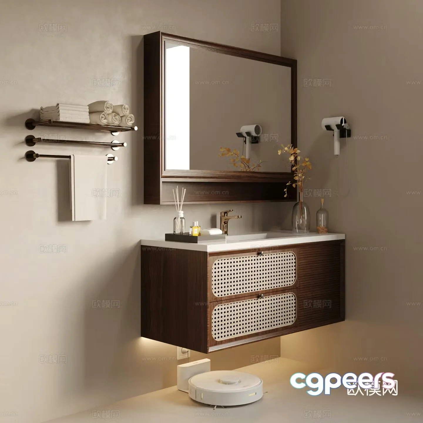 Middle-aged bathroom cabinet towel rack hair dryer 3d model