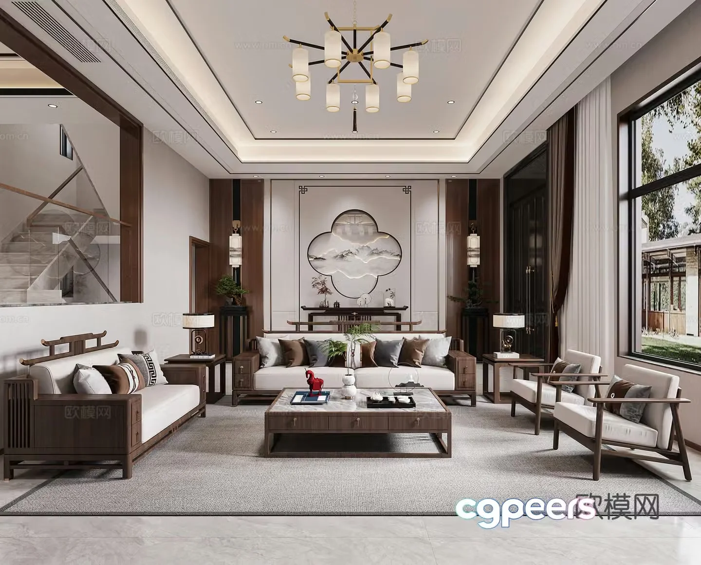 New Chinese living room combination sofa new Chinese living and dining room villa leisure chair chandeliers entrance 3D model
