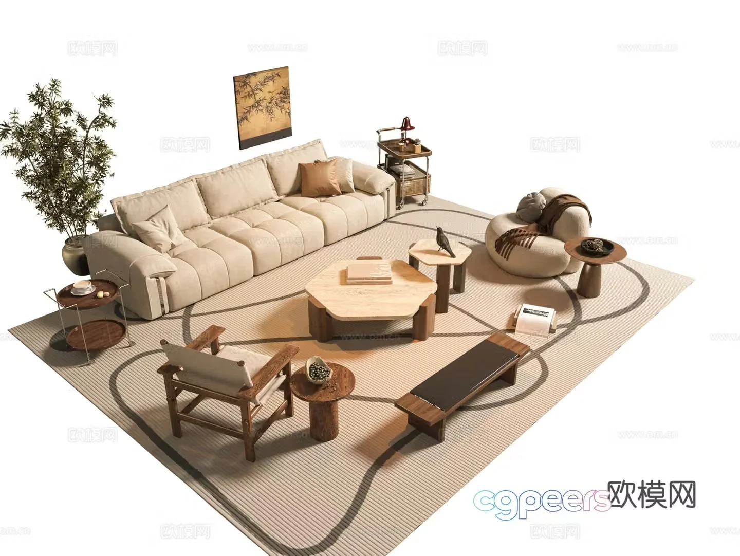 Modern medieval sofa tea table combination jewelry ornaments Wasabi sofa combination medieval style decoration painting 3D model