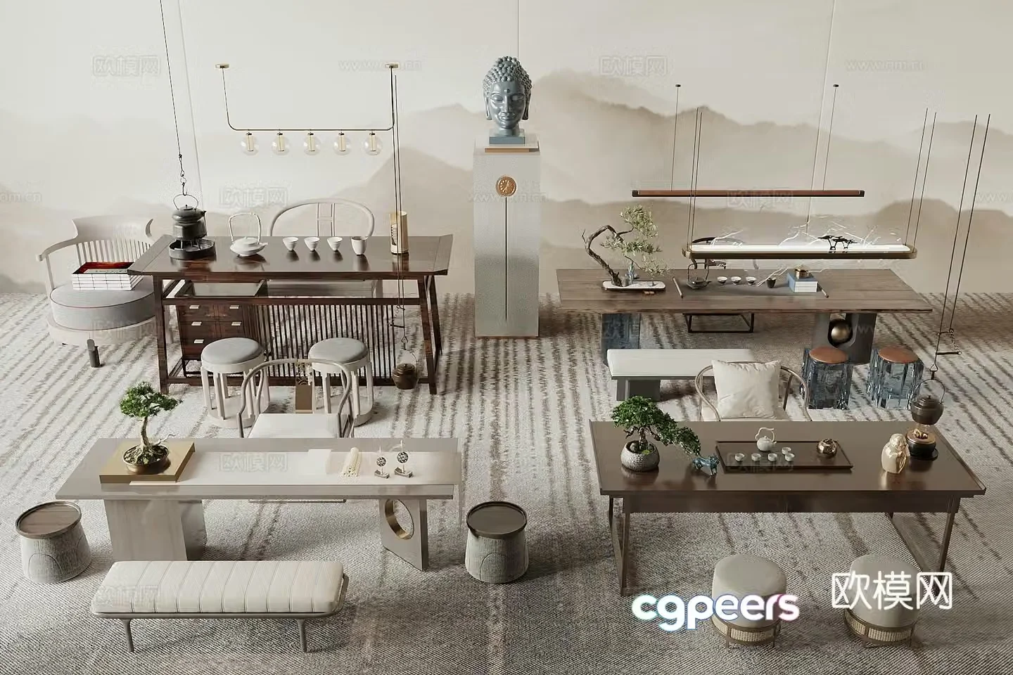 New Chinese tea table and chairs 3d model