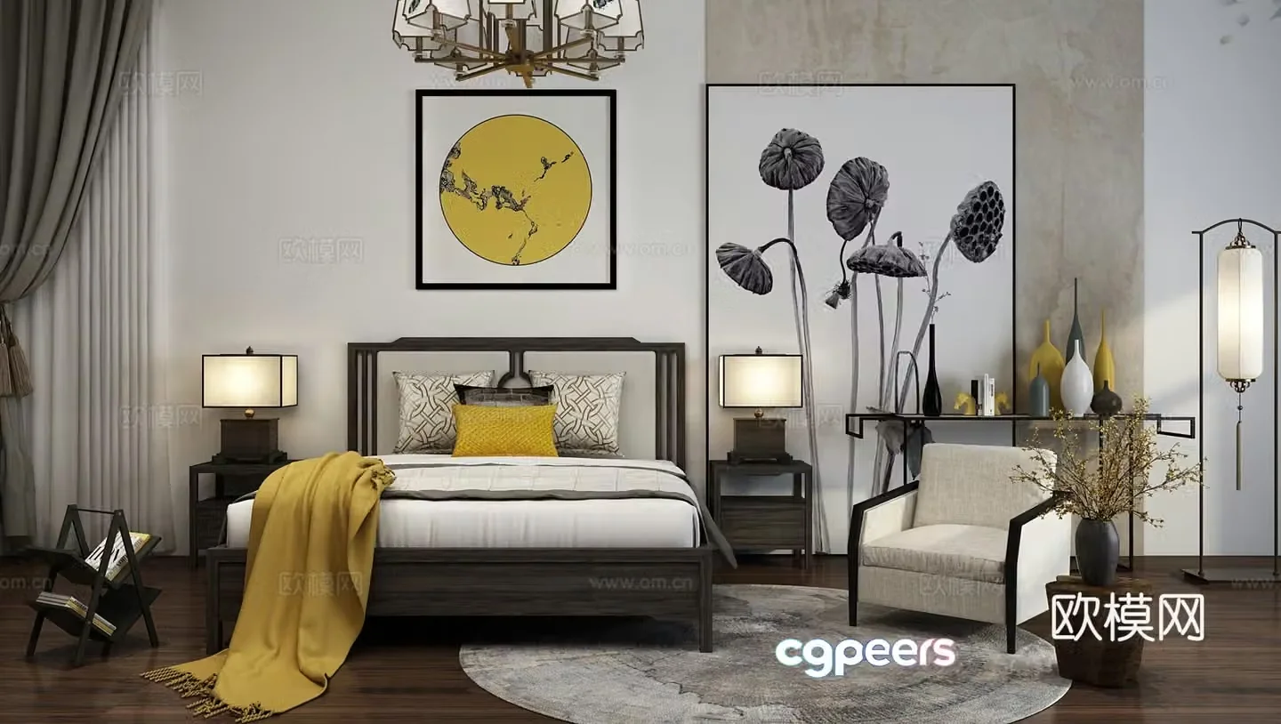 New Chinese style double bed 3d model