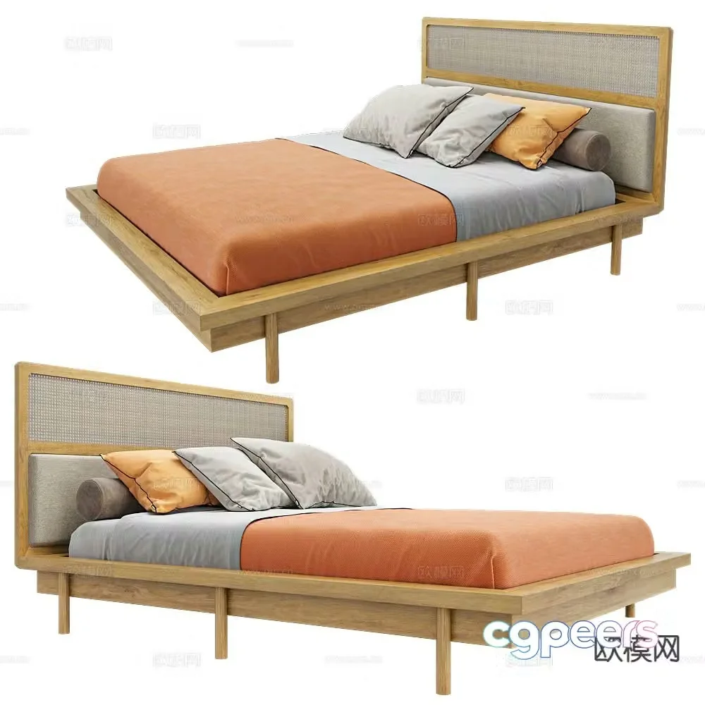 Japanese double bed rattan double bed 3d model