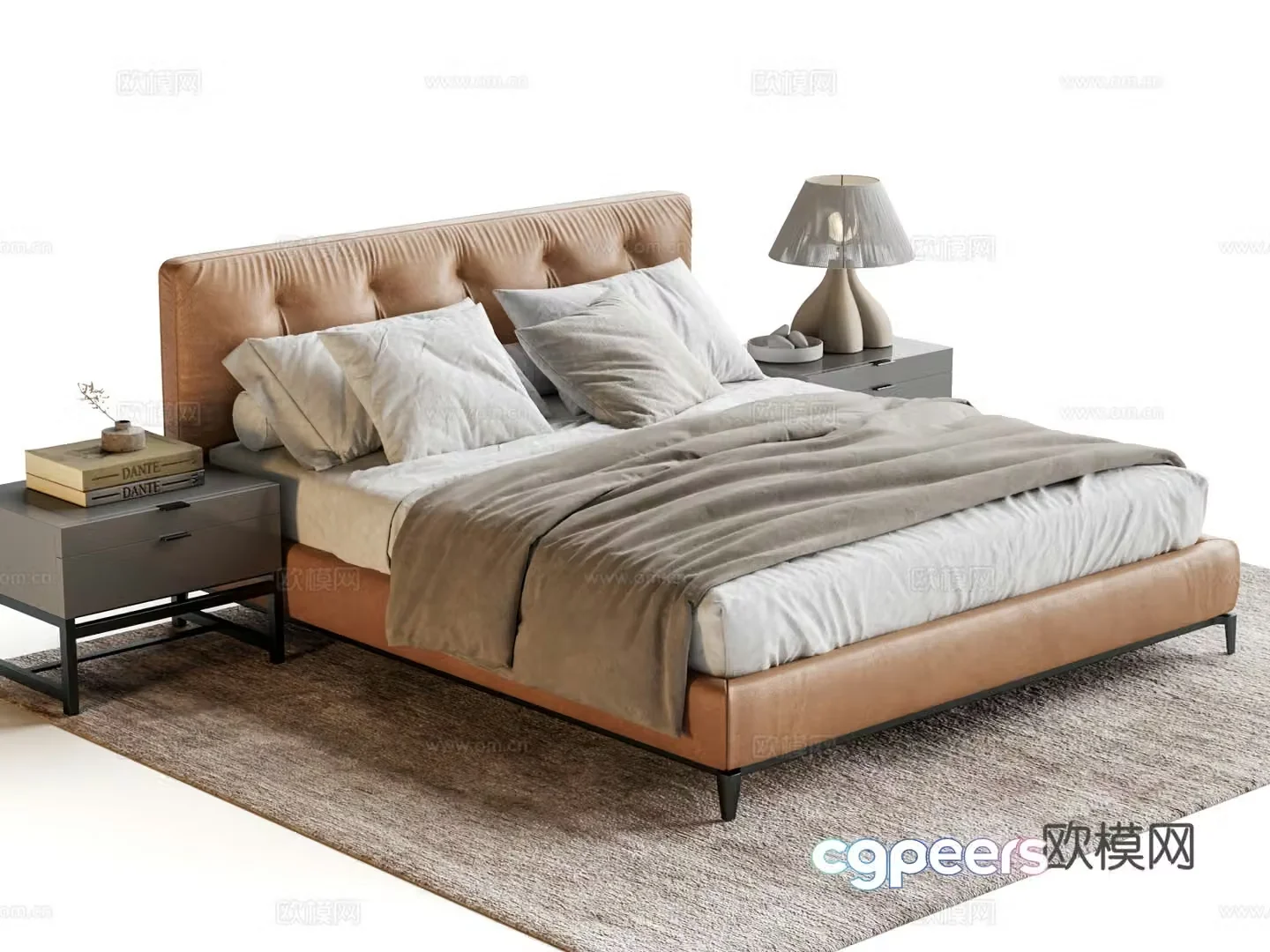 Minotti leather two -person bed shelf bed bedside cabinet master bed 3D model