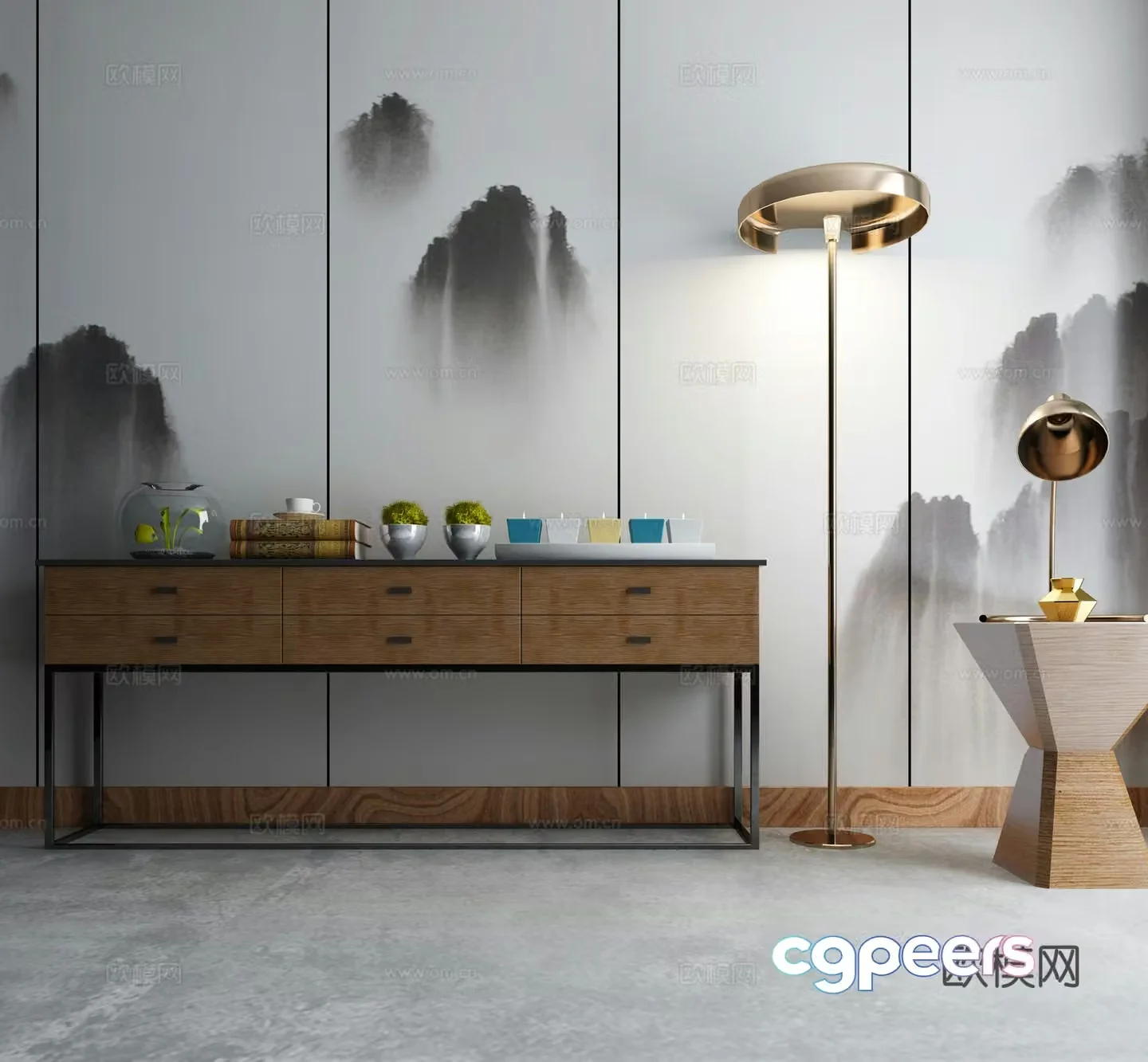 New Chinese style end view cabinet combination desk lamp floor lamp 3D model