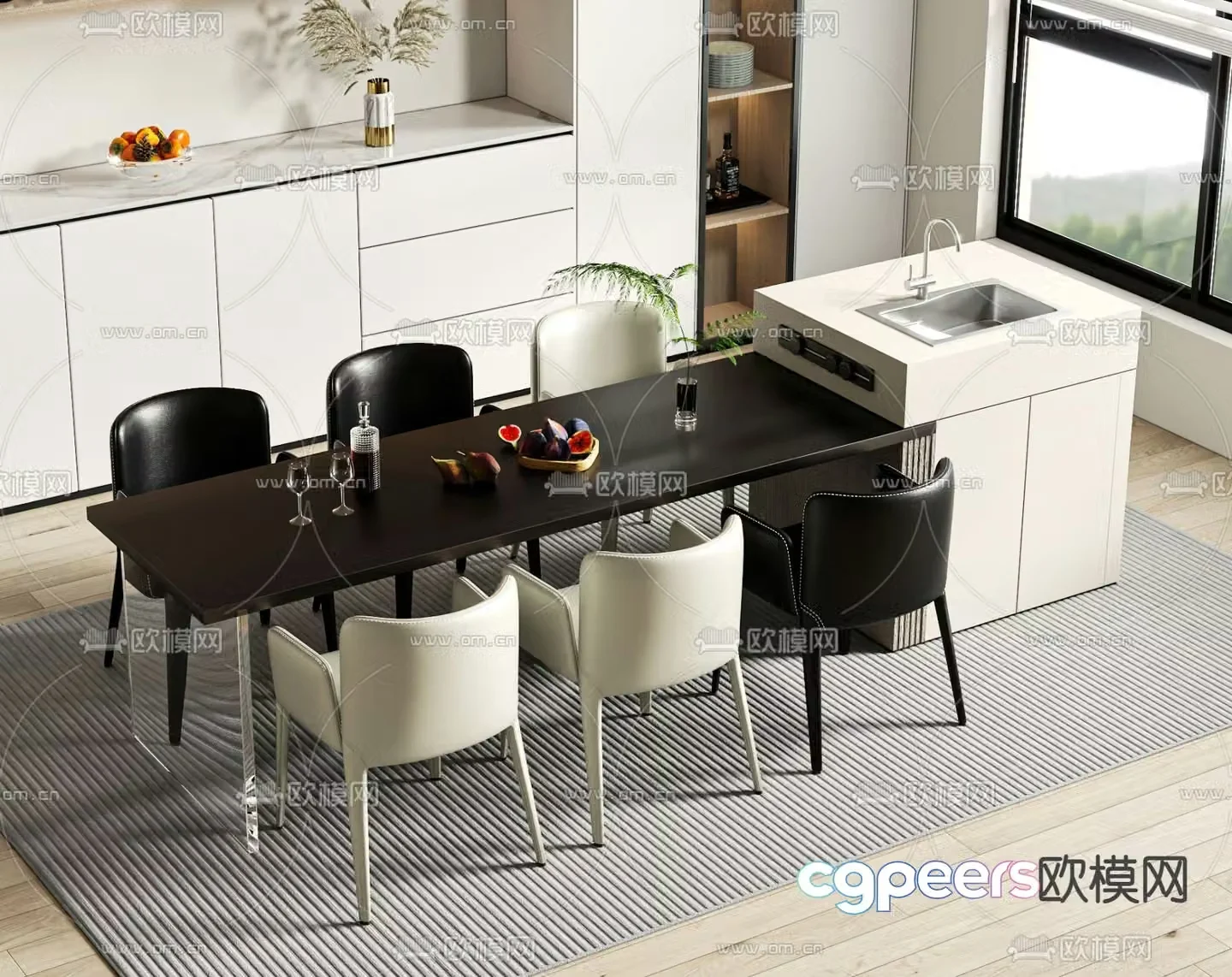 Island dining table and chairs 3d model