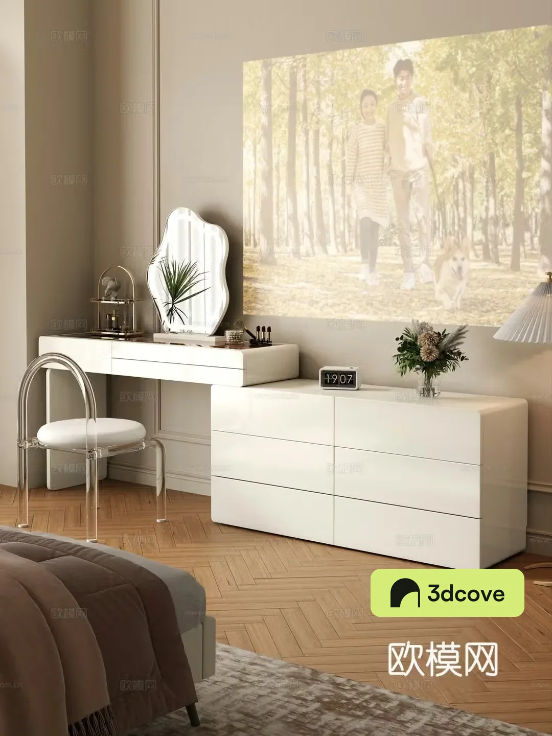 Cream style dressing table makeup stool combination dressing table makeup stool mirror decoration hanging painting