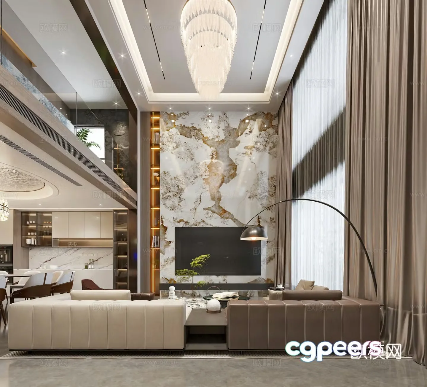 Modern living and dining room 3d model