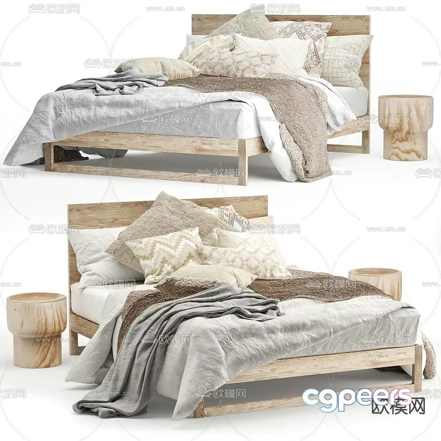 Nordic wooden double bed 3d model