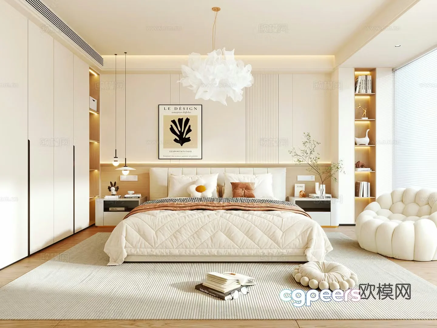 Modern cream master bedroom cream style fabric double bed bedside table wardrobe cloud chandeliers lazy 3D model