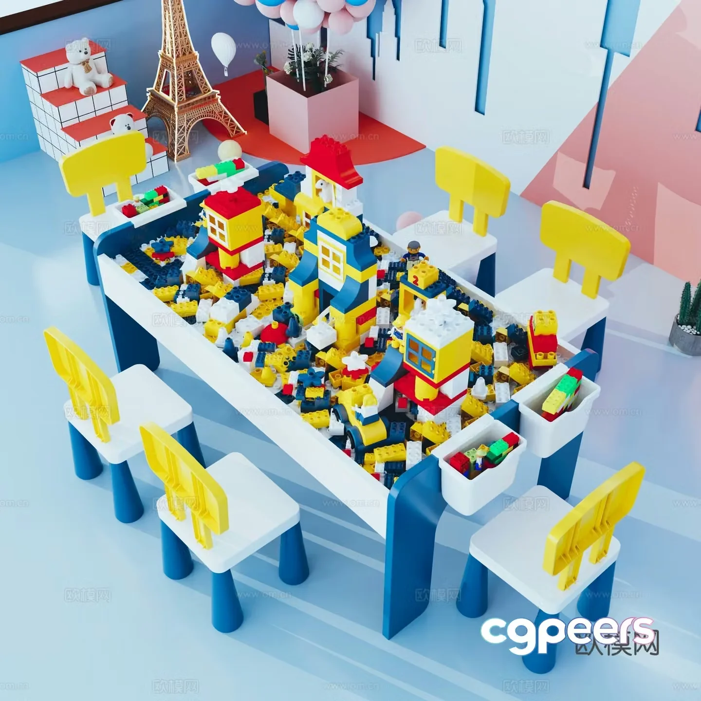 Children’s building block table big particles boy and girl baby puzzle assembly large size wooden multifunctional toy table 3D model