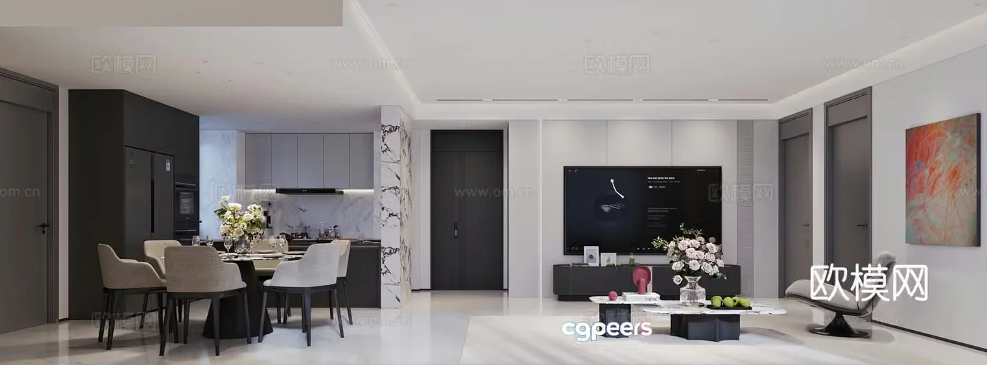 Modern living and dining room 3d model