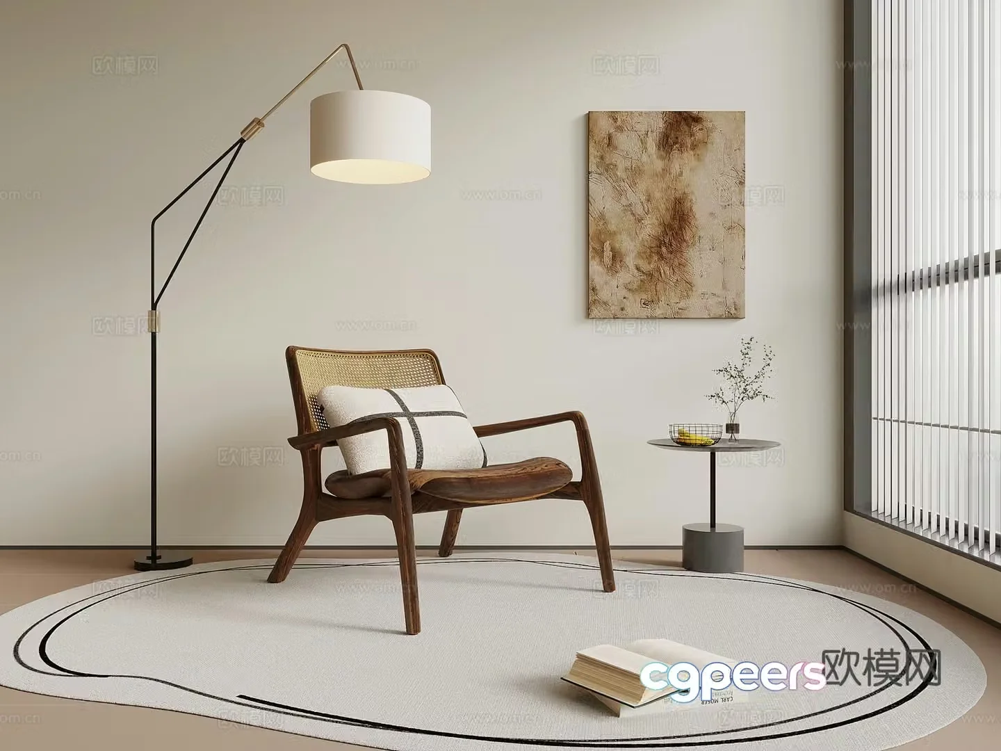 Leisure chair medieval style leisure chair single sofa floor lamp side table decorative painting 3D model