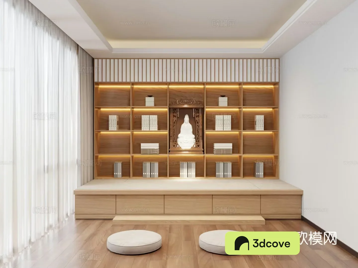 Modern study Buddhist temple meditation room