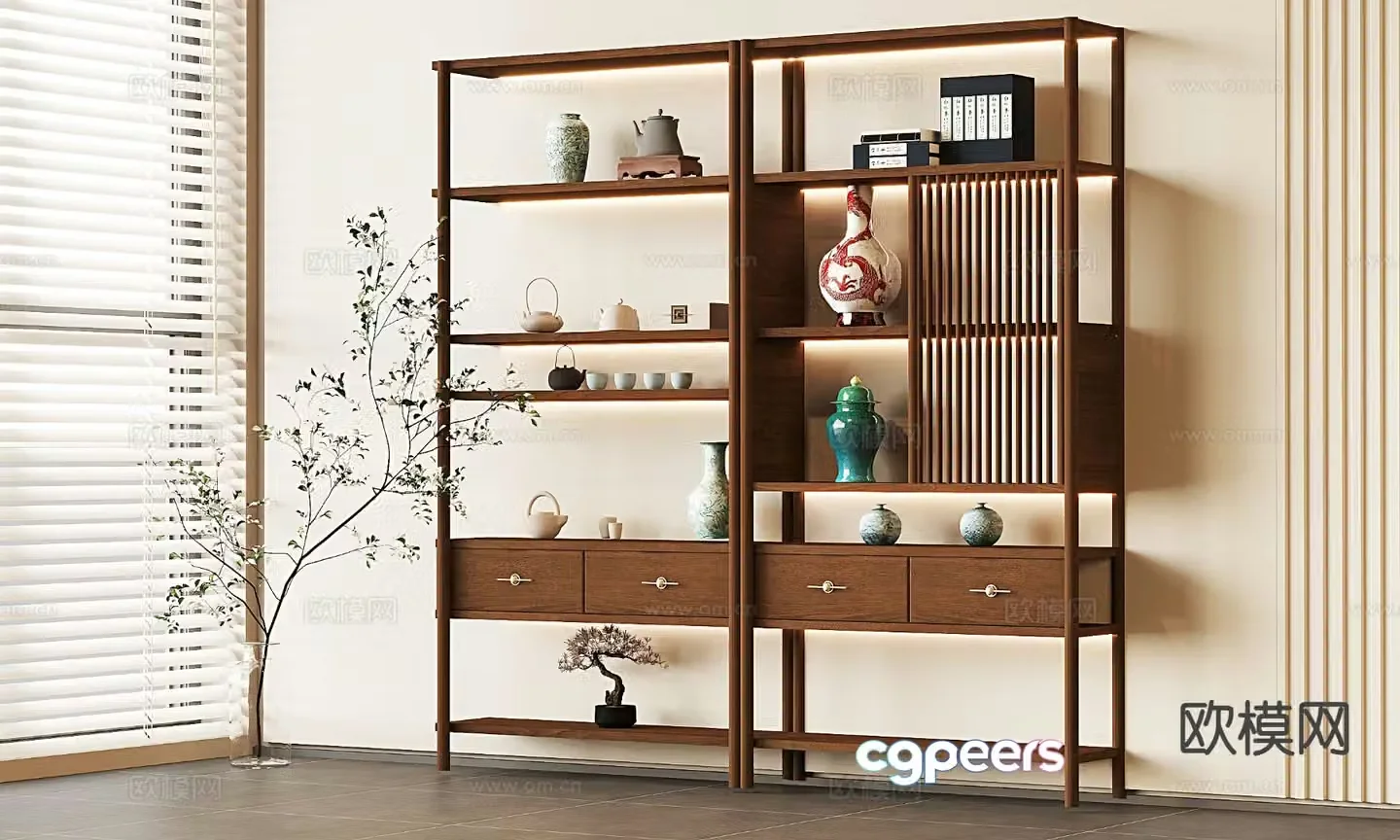 Medieval style solid wood bookshelf 3D model