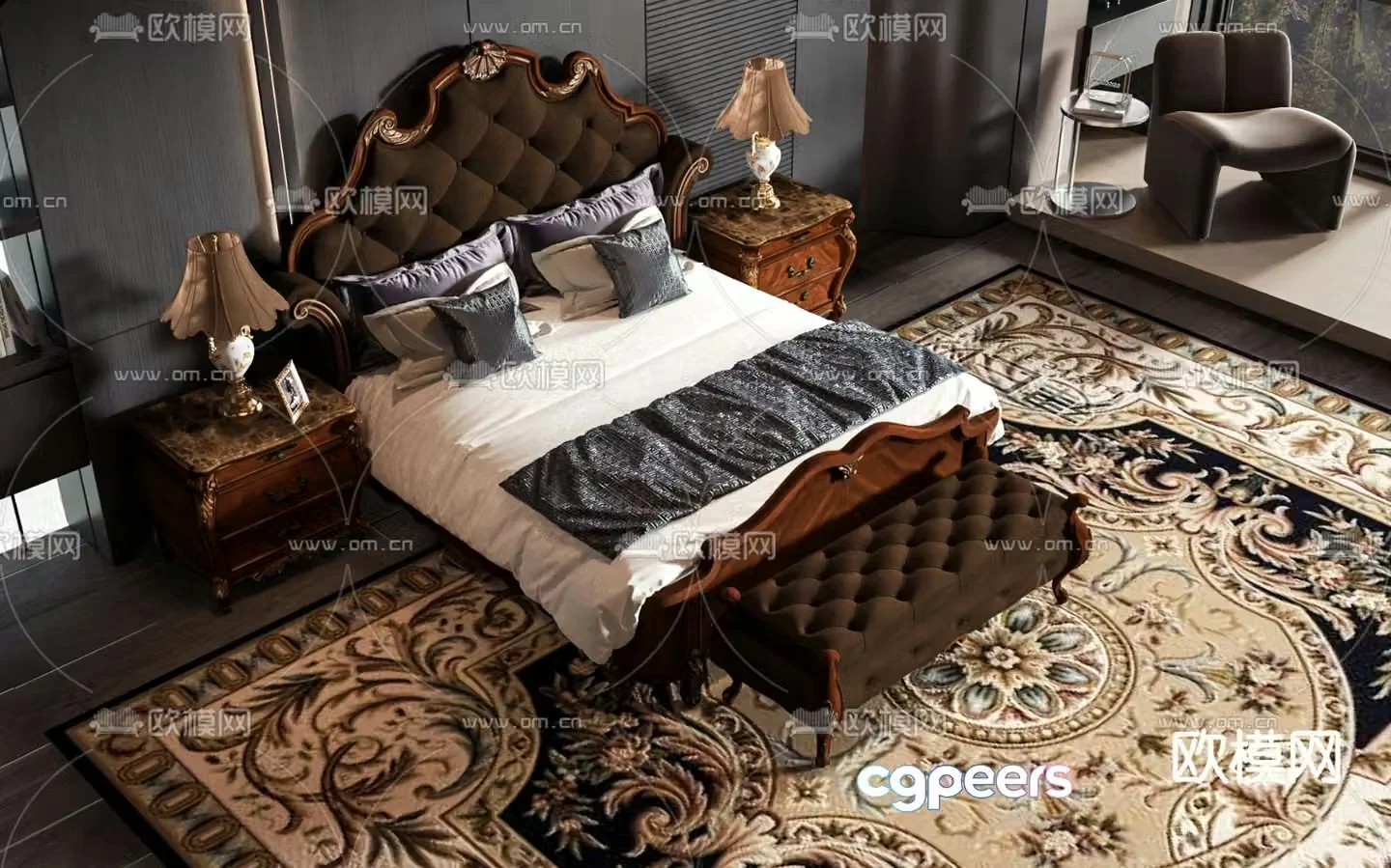 European double bed 3d model