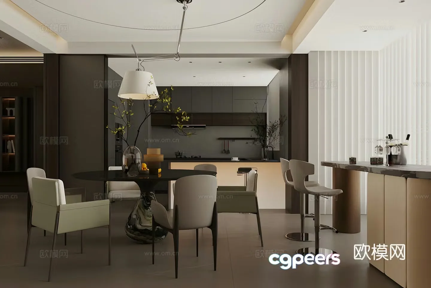 Modern Italian home restaurant Light luxury Italian restaurant Black and white and gray restaurant Round table restaurant Dining table and chairs 3D model
