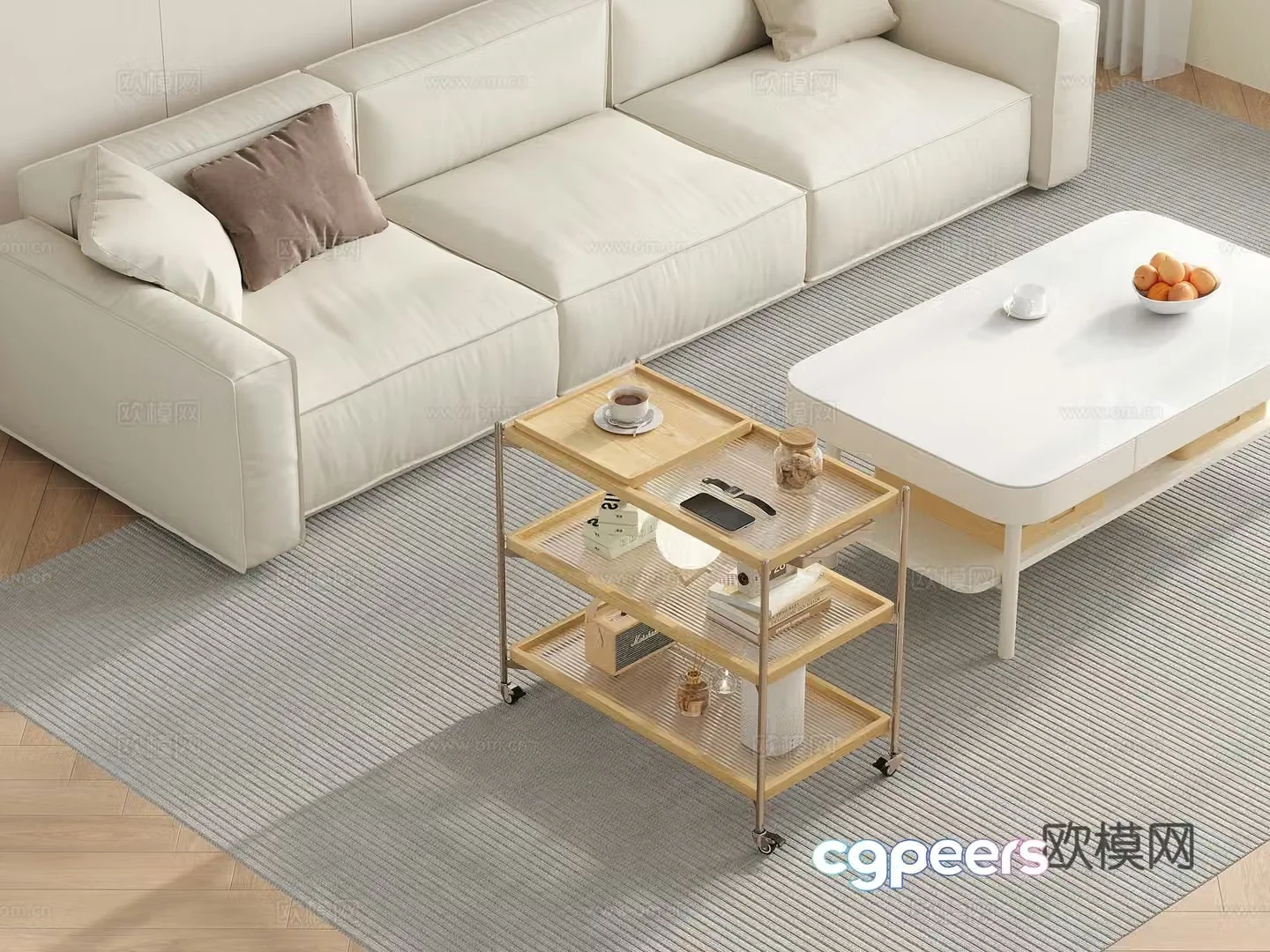 Modern cream style living room furniture moving side table complete decorations 3D model