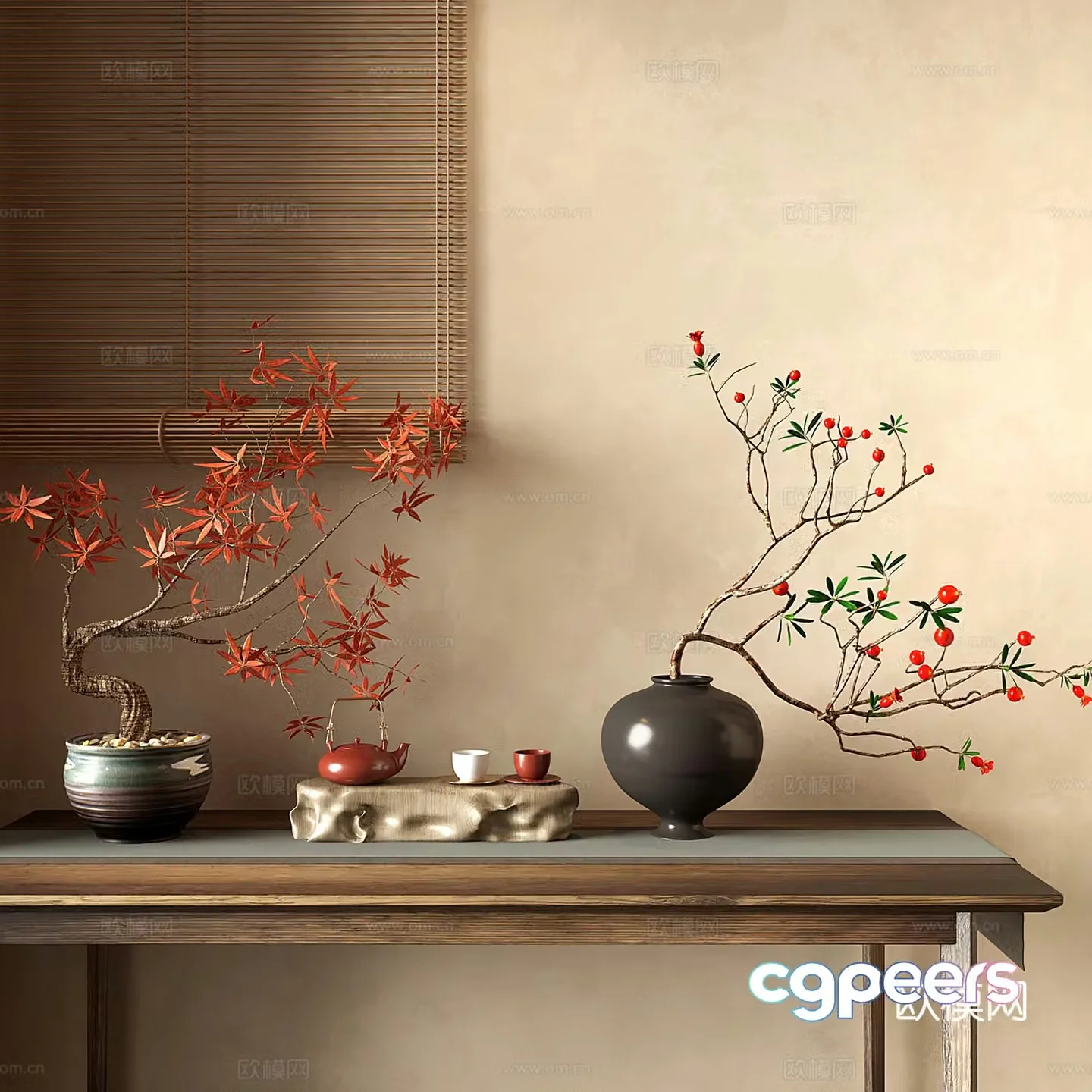 New Chinese style vase flower art dead branches cherry red maple leaf tree 3D model