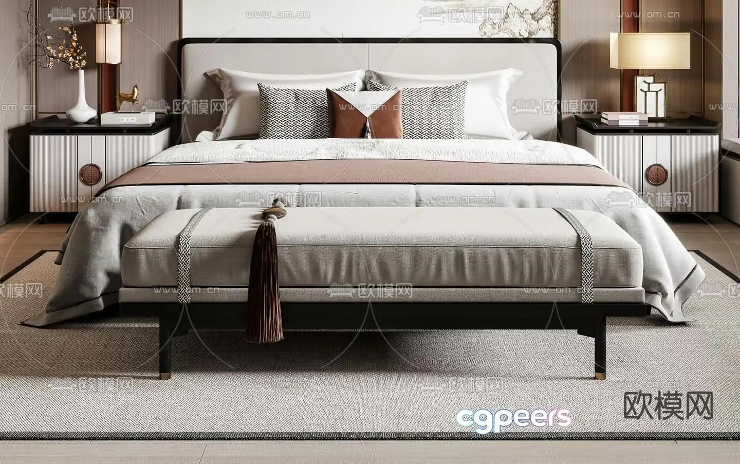 New Chinese style double bed 3d model