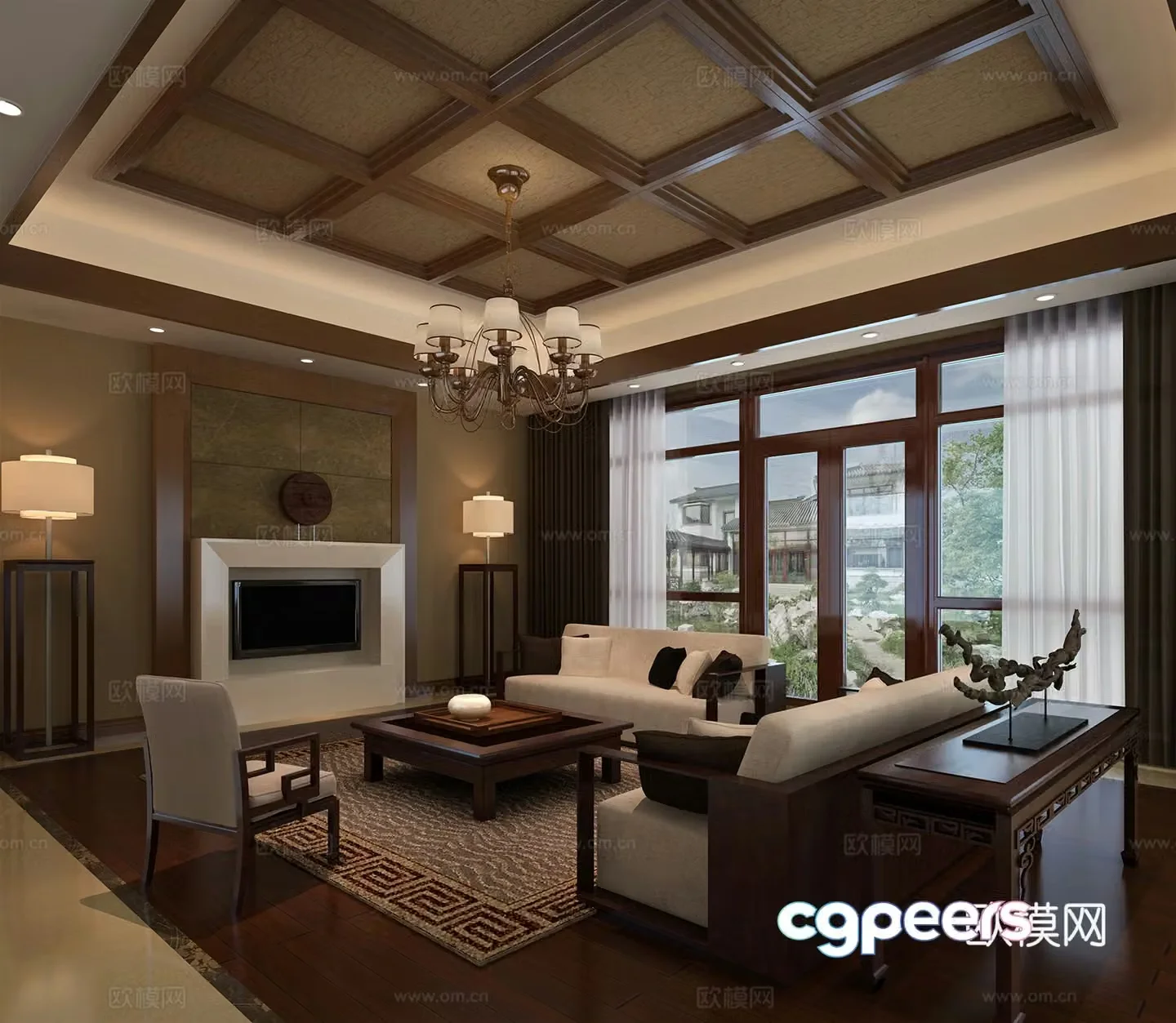 Chinese living room Modern Chinese living room Sofa coffee table Chandelier Desktop ornaments Hanging painting 3D model