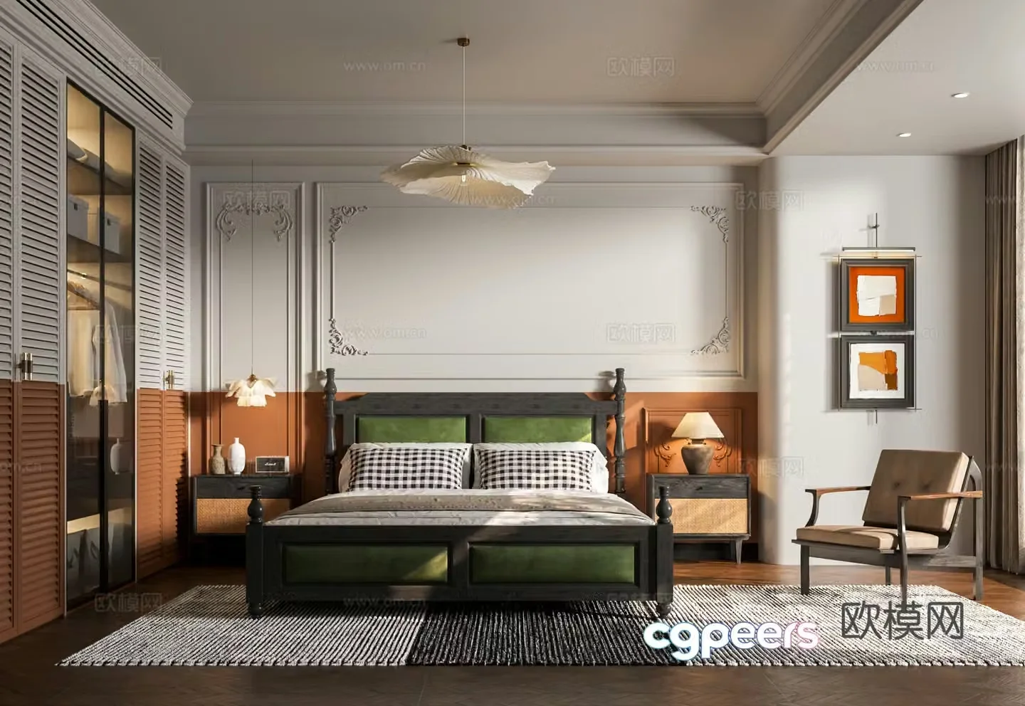 French old-fashioned bedroom wooden double bed wardrobe sofa chair small chandeliers 3d model