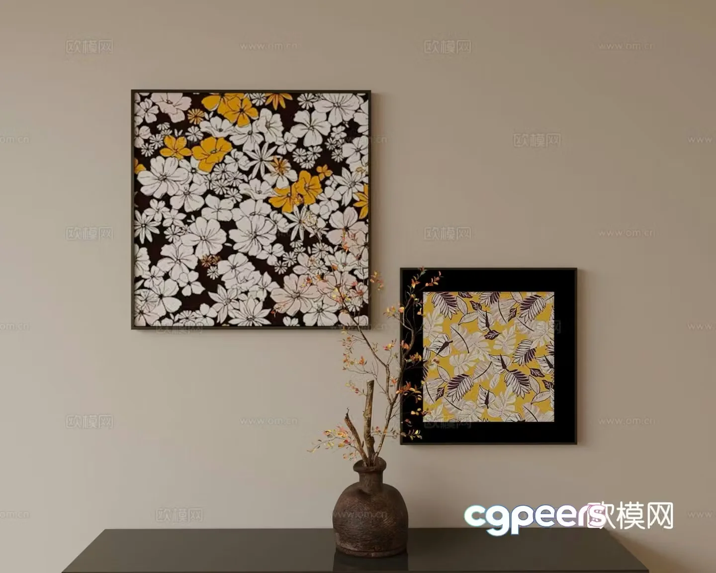 Medieval style hanging painting flower hanging painting Zen vase 3D model
