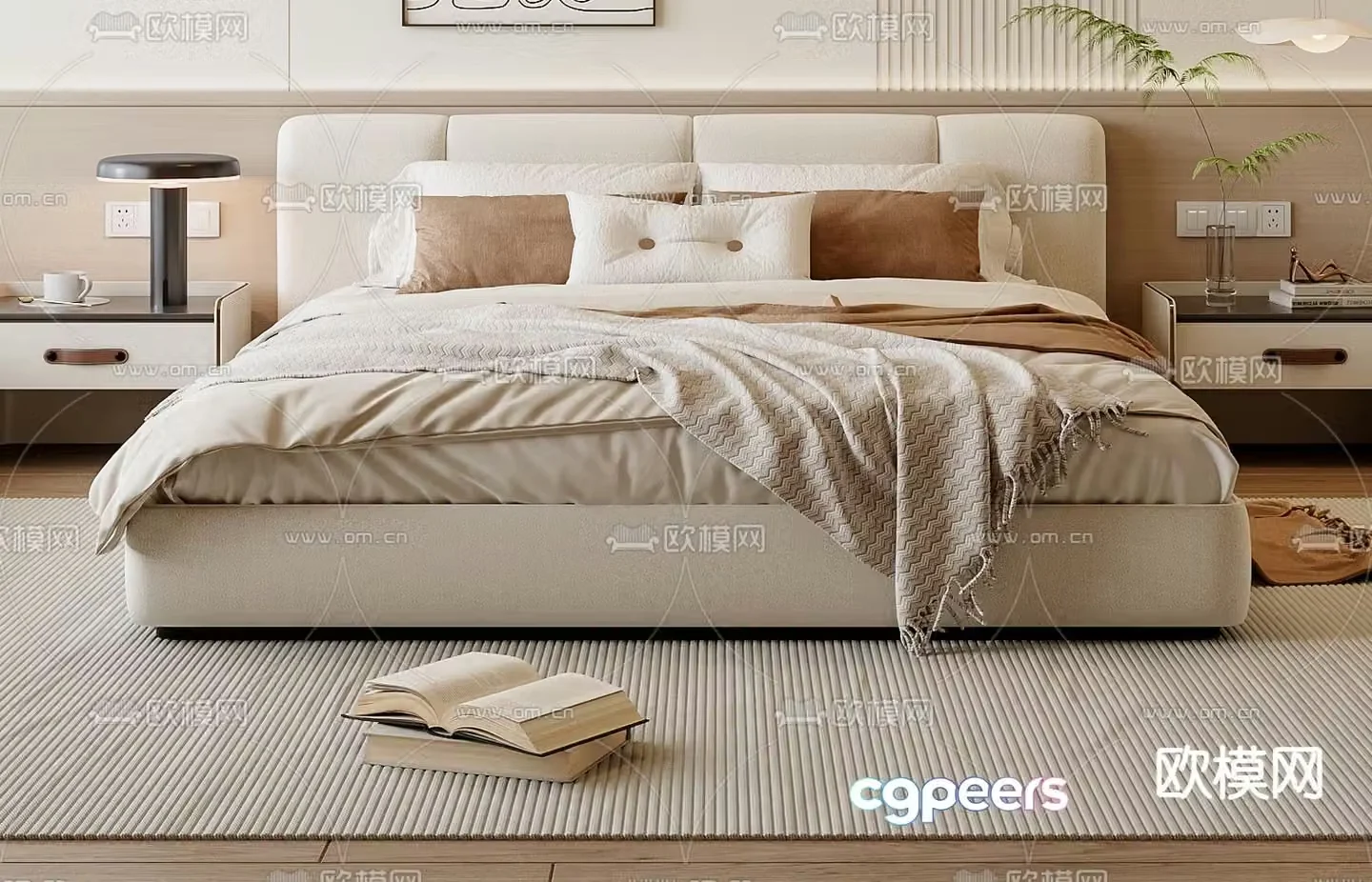 Cream style double bed 3d model
