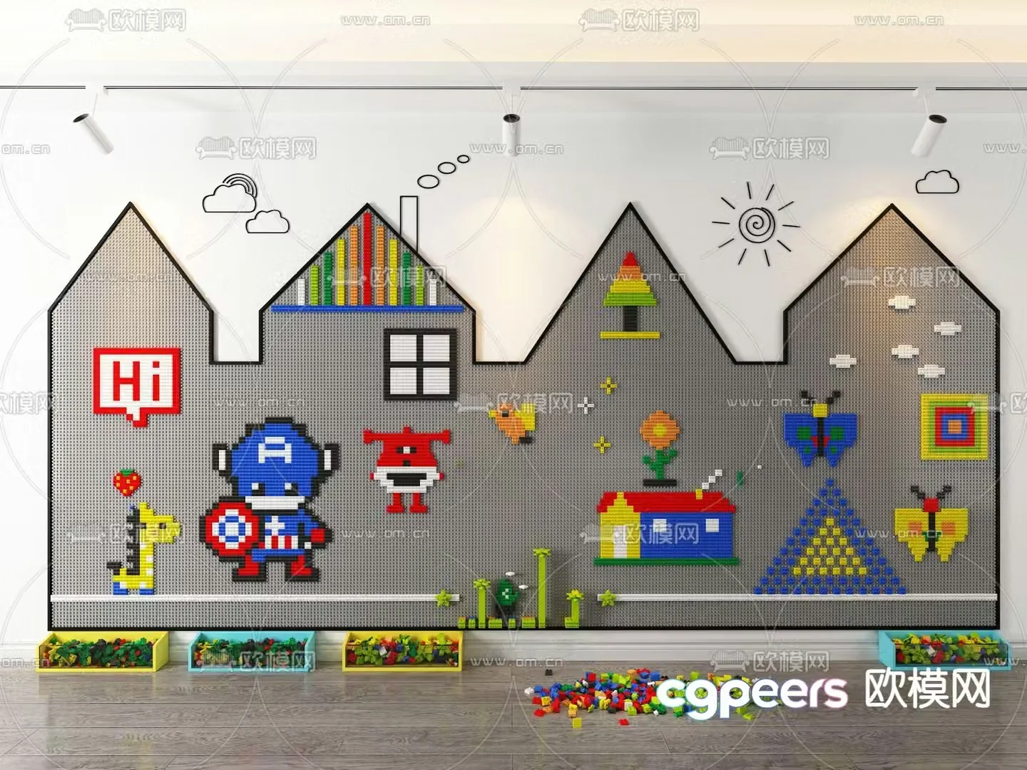 Modern Lego building block wall 3d model