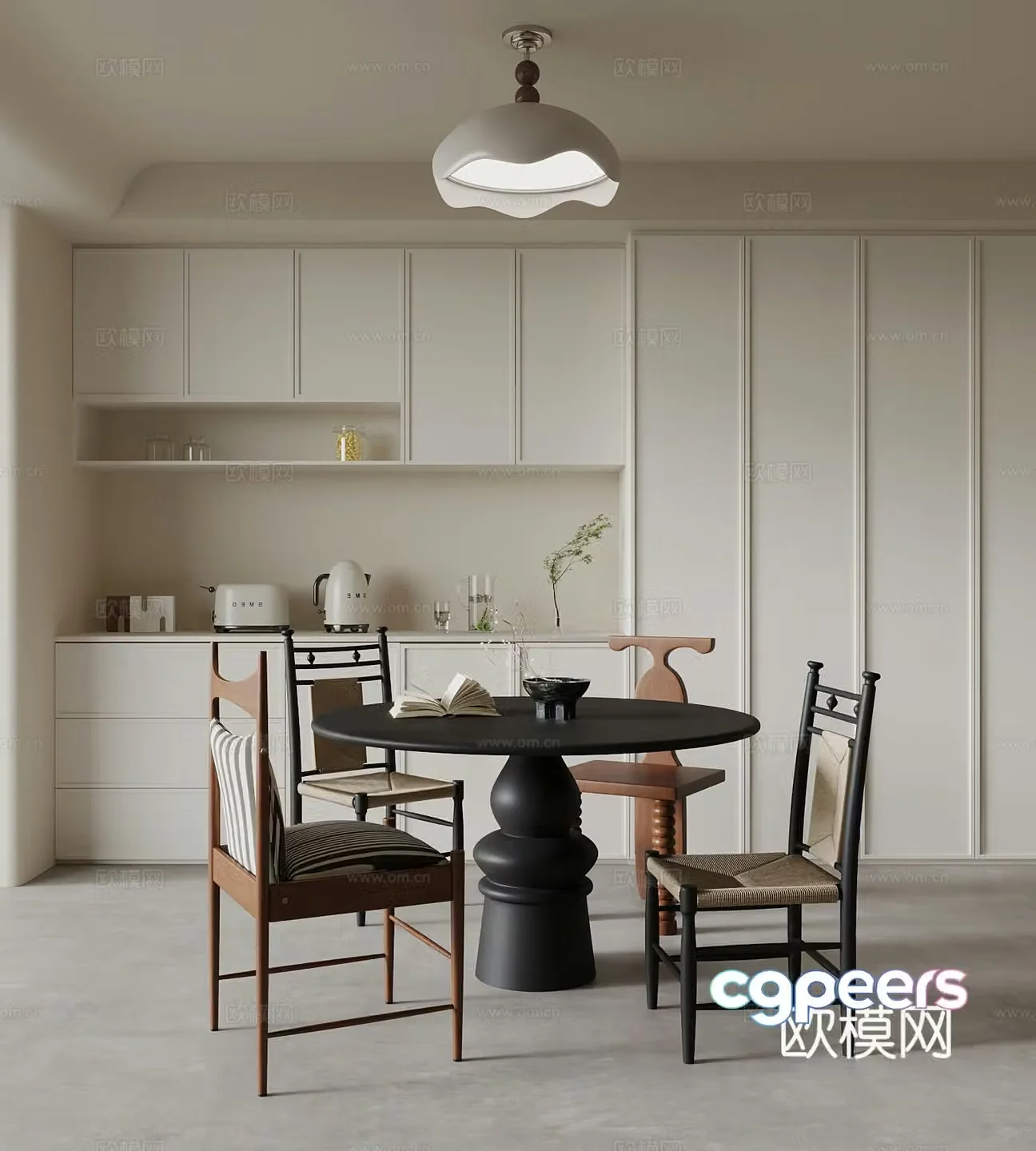 Middle-aged restaurant dining table and chairs wine cabinet 3d model