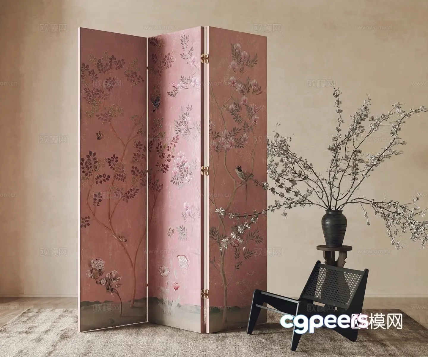 New Chinese-style screen partition leisure chair corner flower art 3d model
