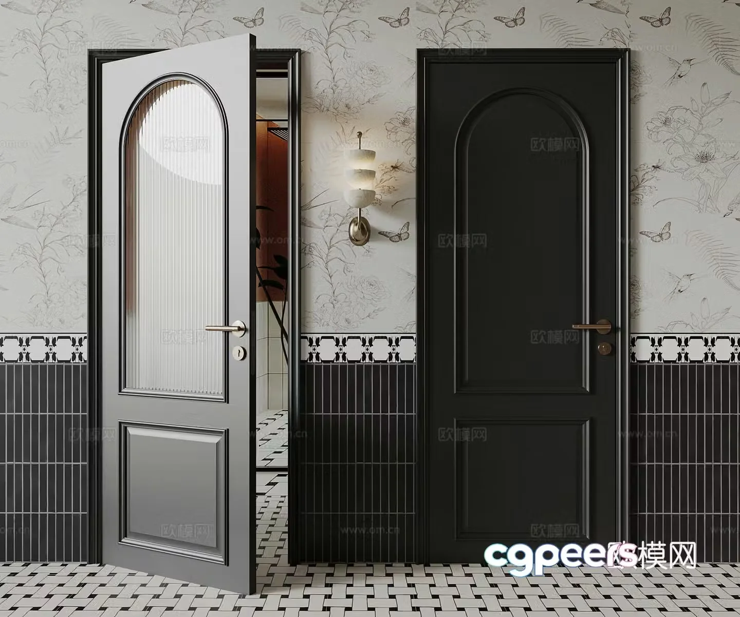 French single-open door interior door glass door 3d model