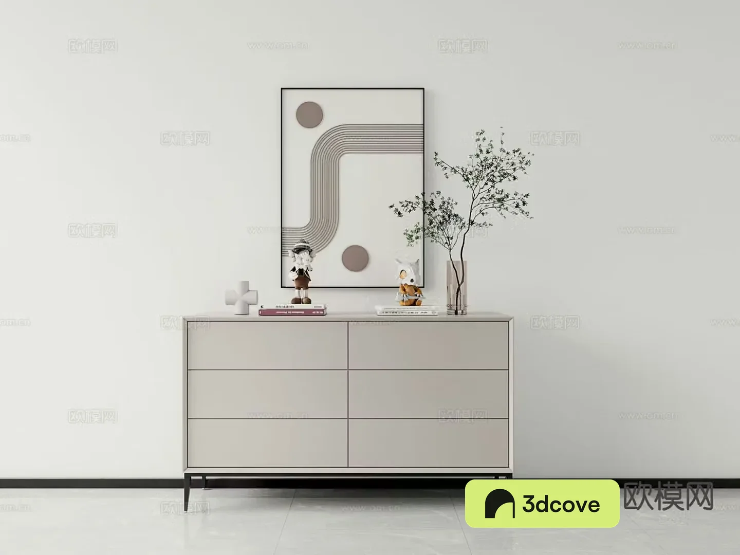 Modern legged beige lacquered wood side cabinet