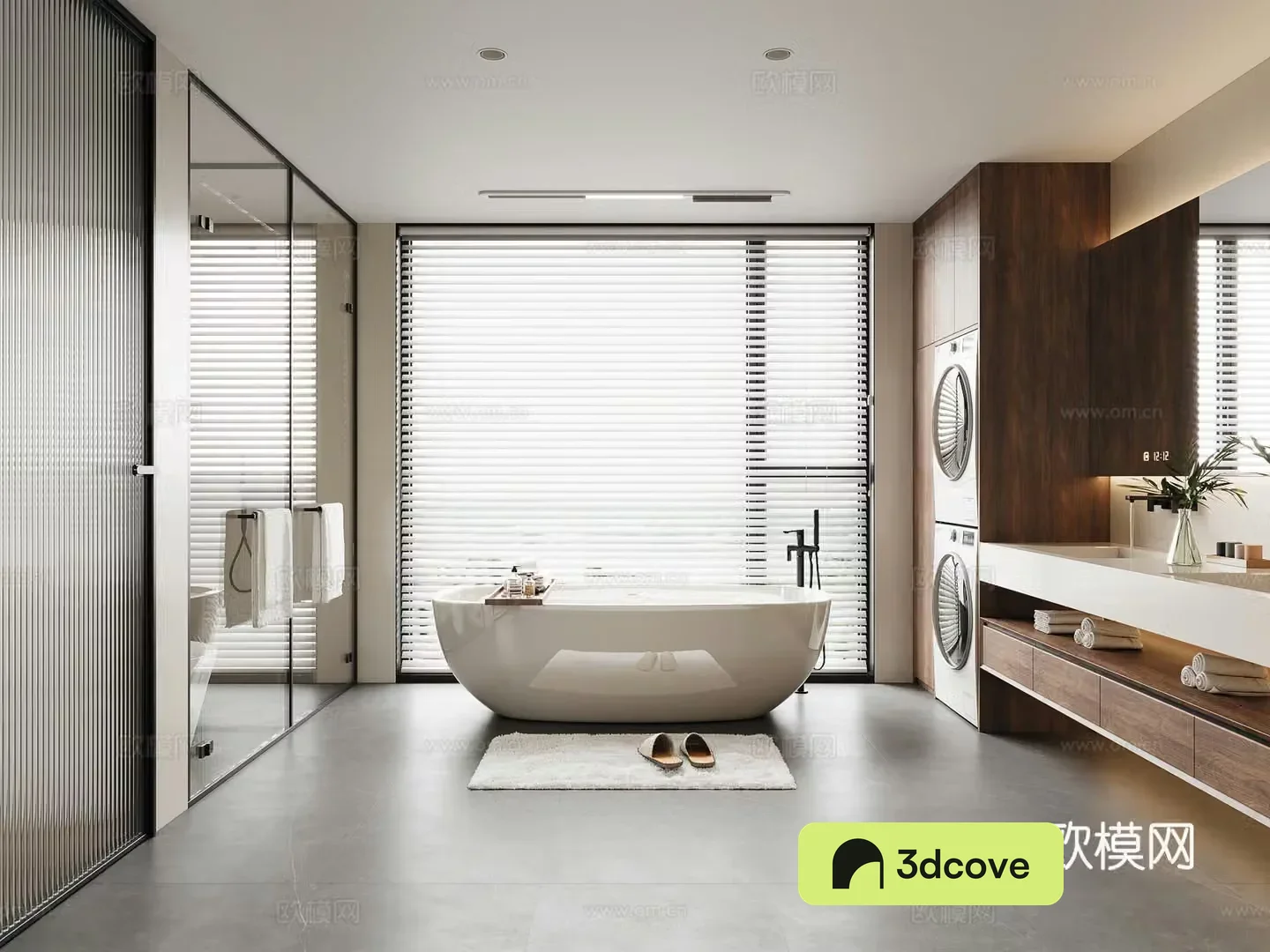 Modern bathroom Bathtub Washing machine Bathroom carpet Linear bathroom heater