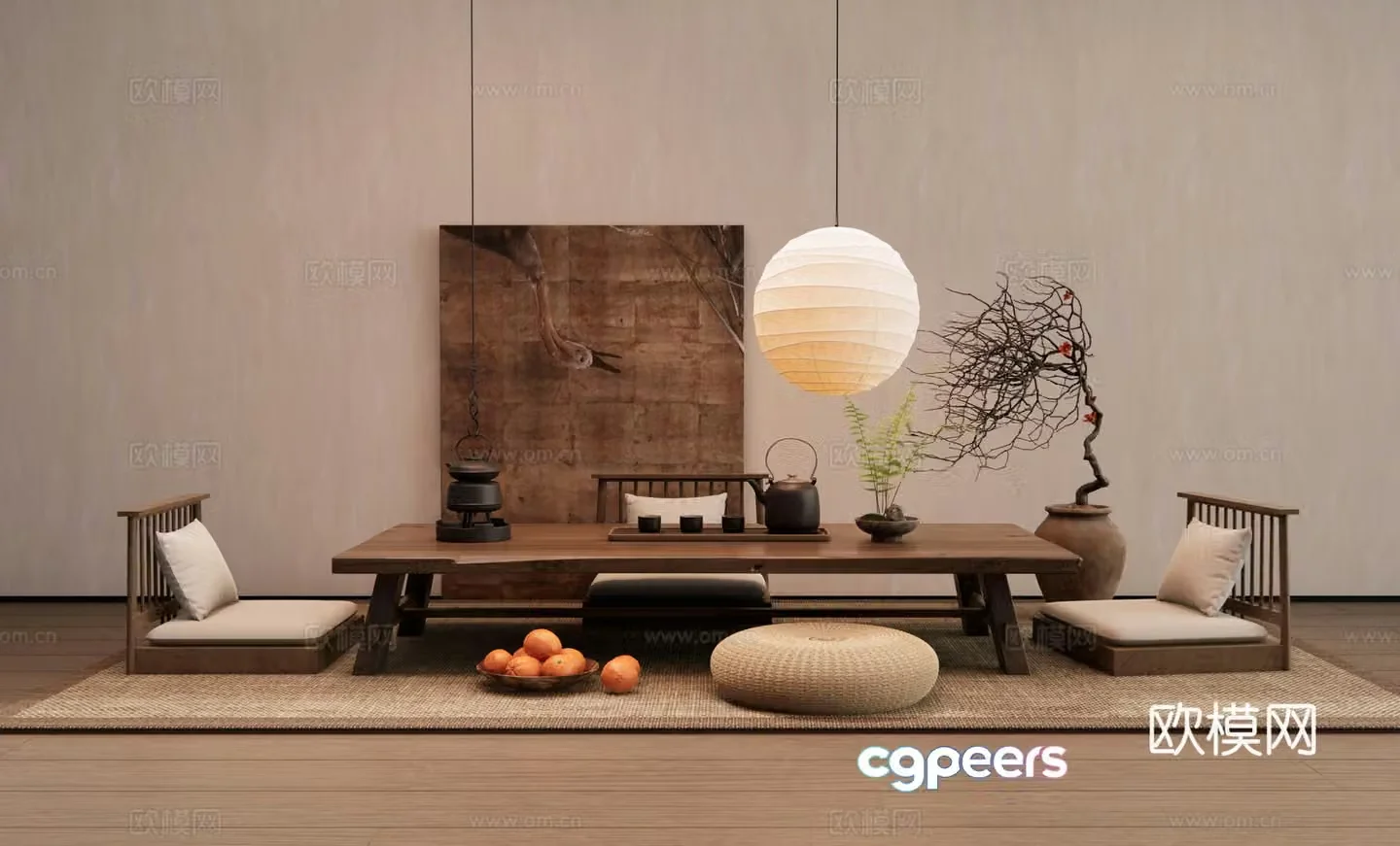 Wasabi tea table and chairs Tatami tea table and chairs Tea table and chandeliers dry branches and flower art hanging painting 3D model