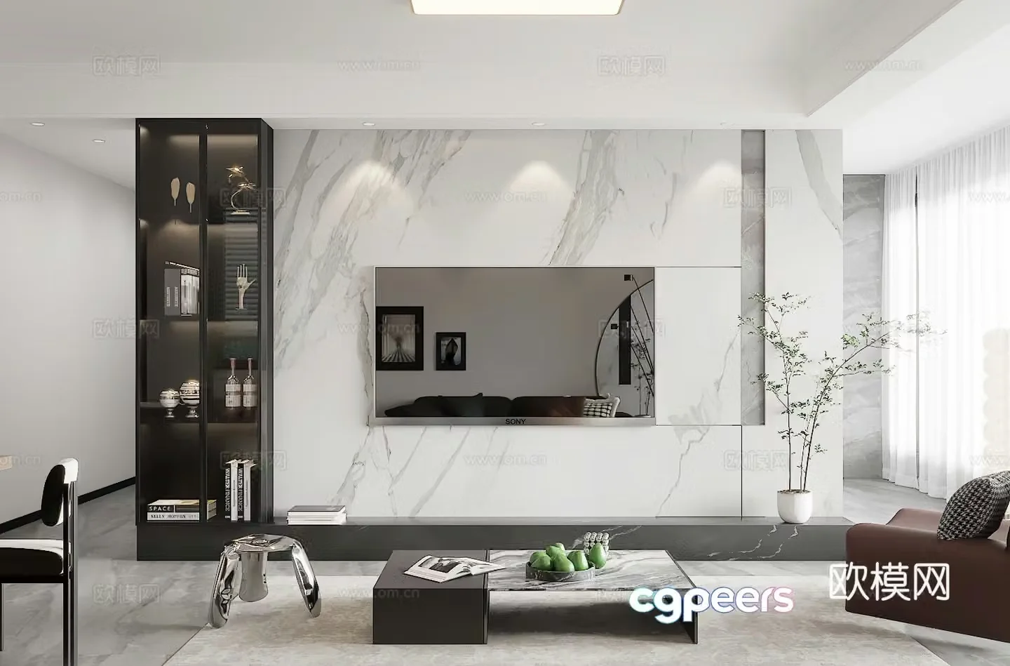 Modern black white and gray mixed living and dining room 3D model