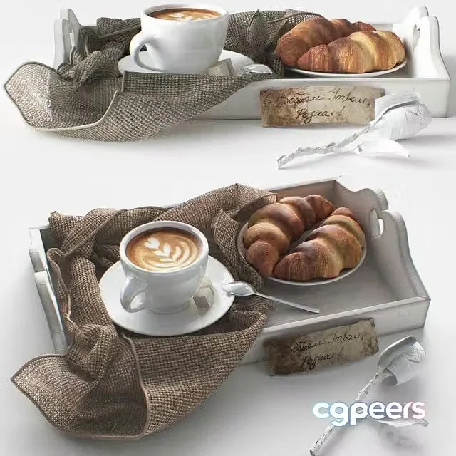 3ds Max Free – Coffee with croissants, romantic breakfast in bed