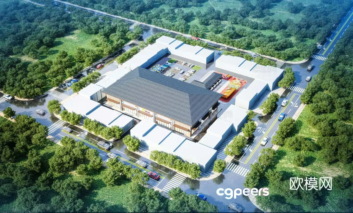 New Chinese style shopping mall market aerial view 3d model