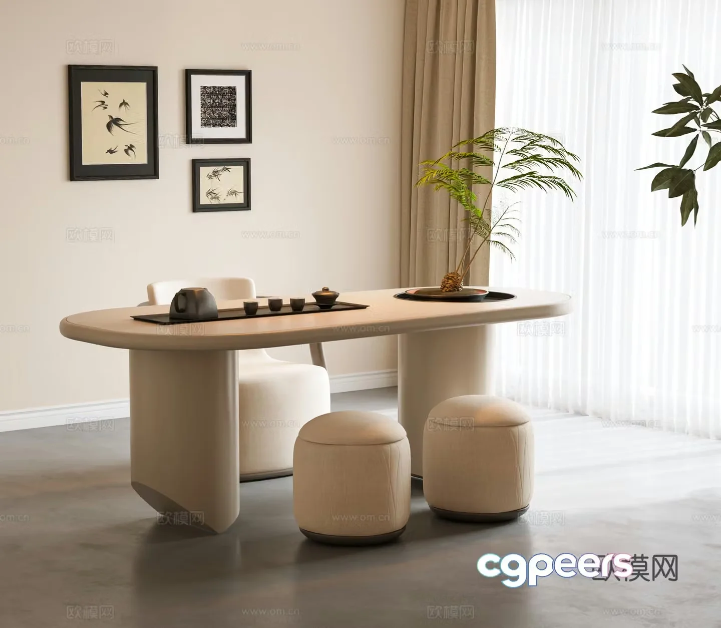 Modern tea table and chairs tea table tea set stool tea room curtains decorative painting 3d model