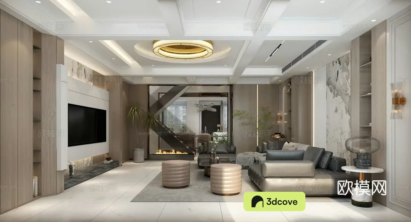 Modern living room and dining room kitchen simple and light luxury