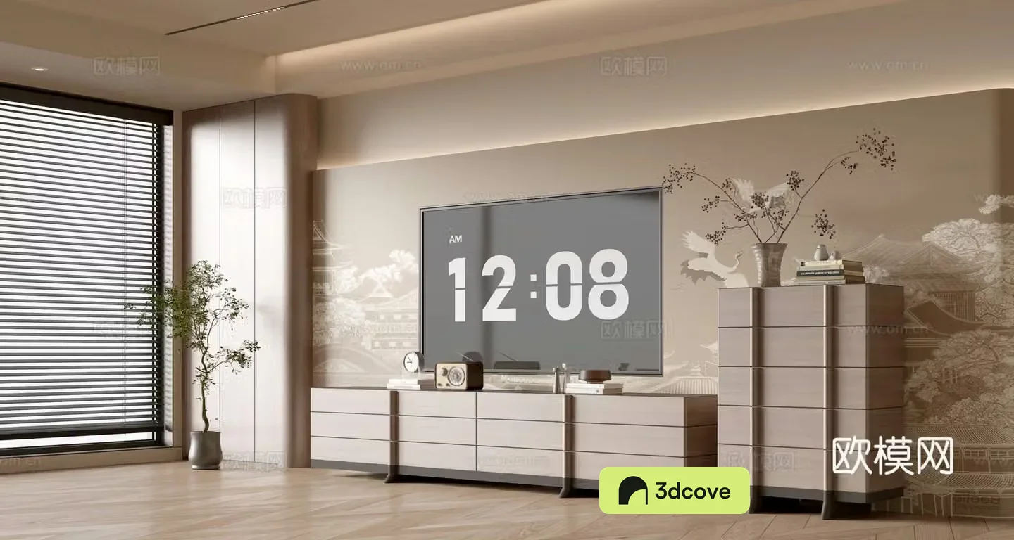 Wasabi Middle Style TV Cabinet TV Background Wall Overall Cabinet TV Background Wall Medal Style 3D Model